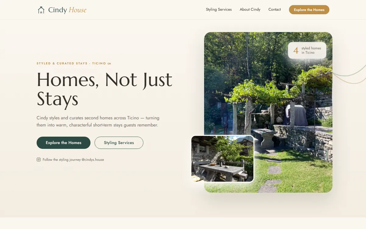 The Cindy House homepage: the headline Homes, Not Just Stays beside a photo of a stone house garden in Ticino.