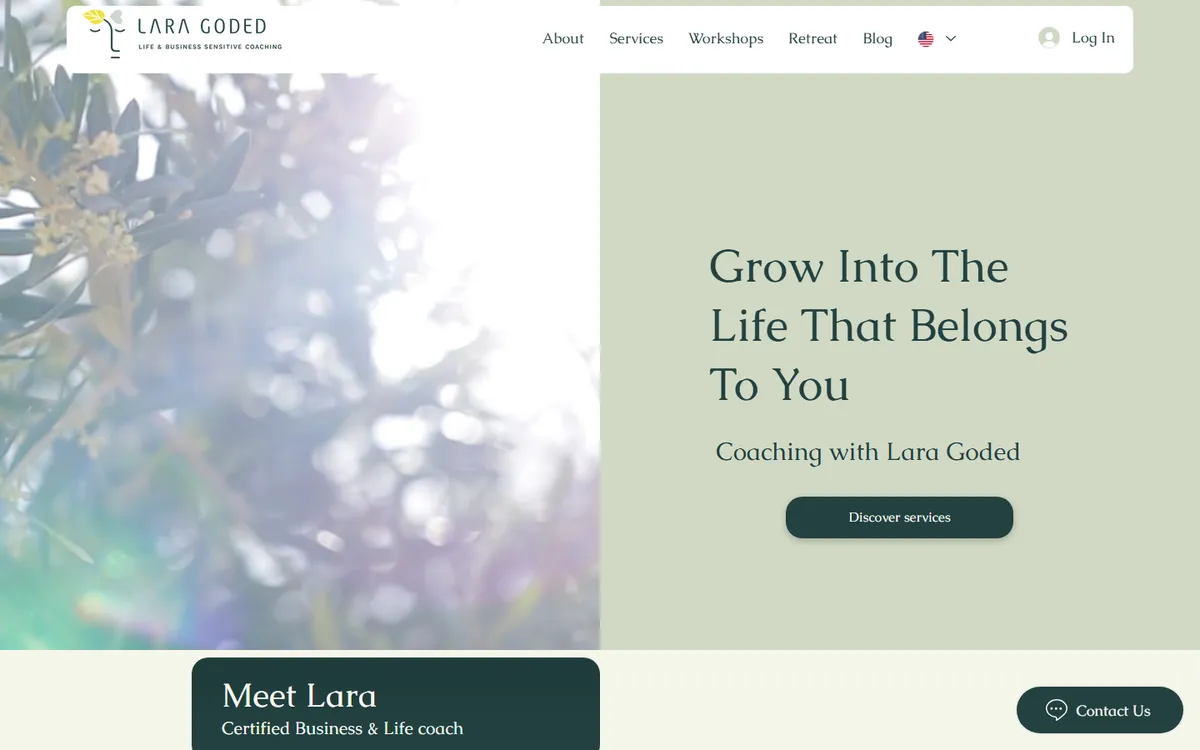 The Lara Goded homepage: a soft green hero with the headline Grow Into The Life That Belongs To You, and a Discover services button.